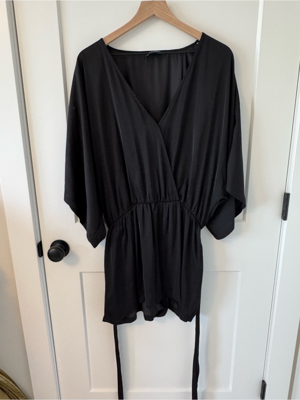 Lulu's Black Satin Surplice Romper, Size XL - Picture 3 of 4